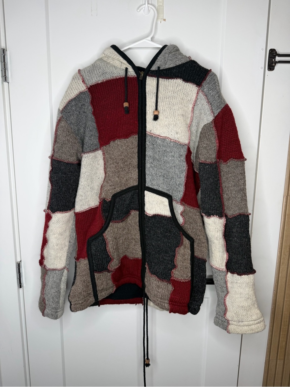 Patchwork Hooded Zip Jacket - Red, Gray & Cream